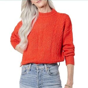 🩷POPPY RED/ORANGE CABLE KNIT SCOOP NECK LONG SLEEVE PULLOVER SWEATER SIZE SMALL